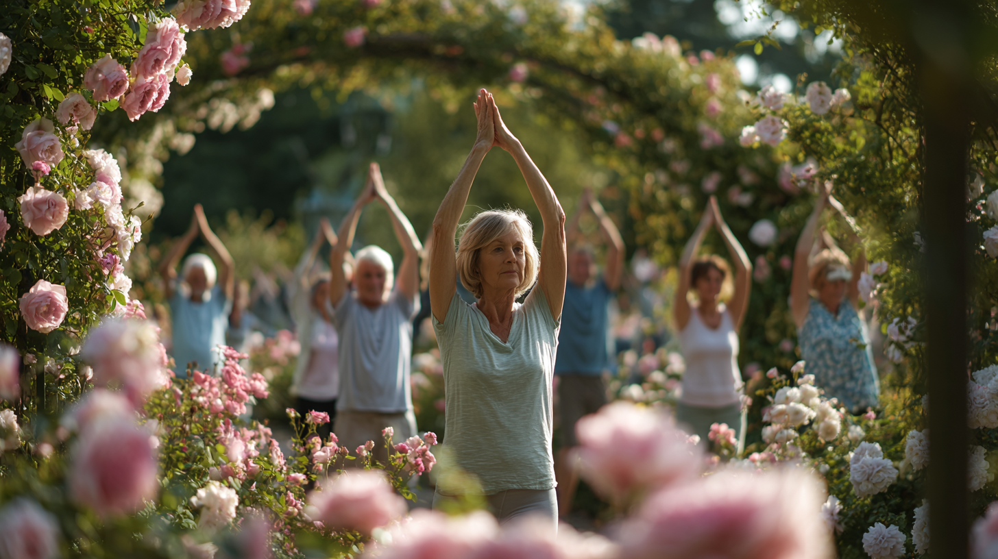 Grup de seniori practicând yoga în natură, într-un cadru liniștit și relaxant
