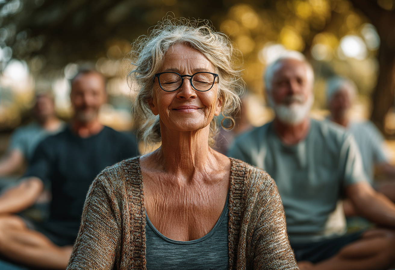 Grup de prieteni seniori zâmbind și relaxându-se după o sesiune de yoga, demonstrând beneficiile sociale ale programului